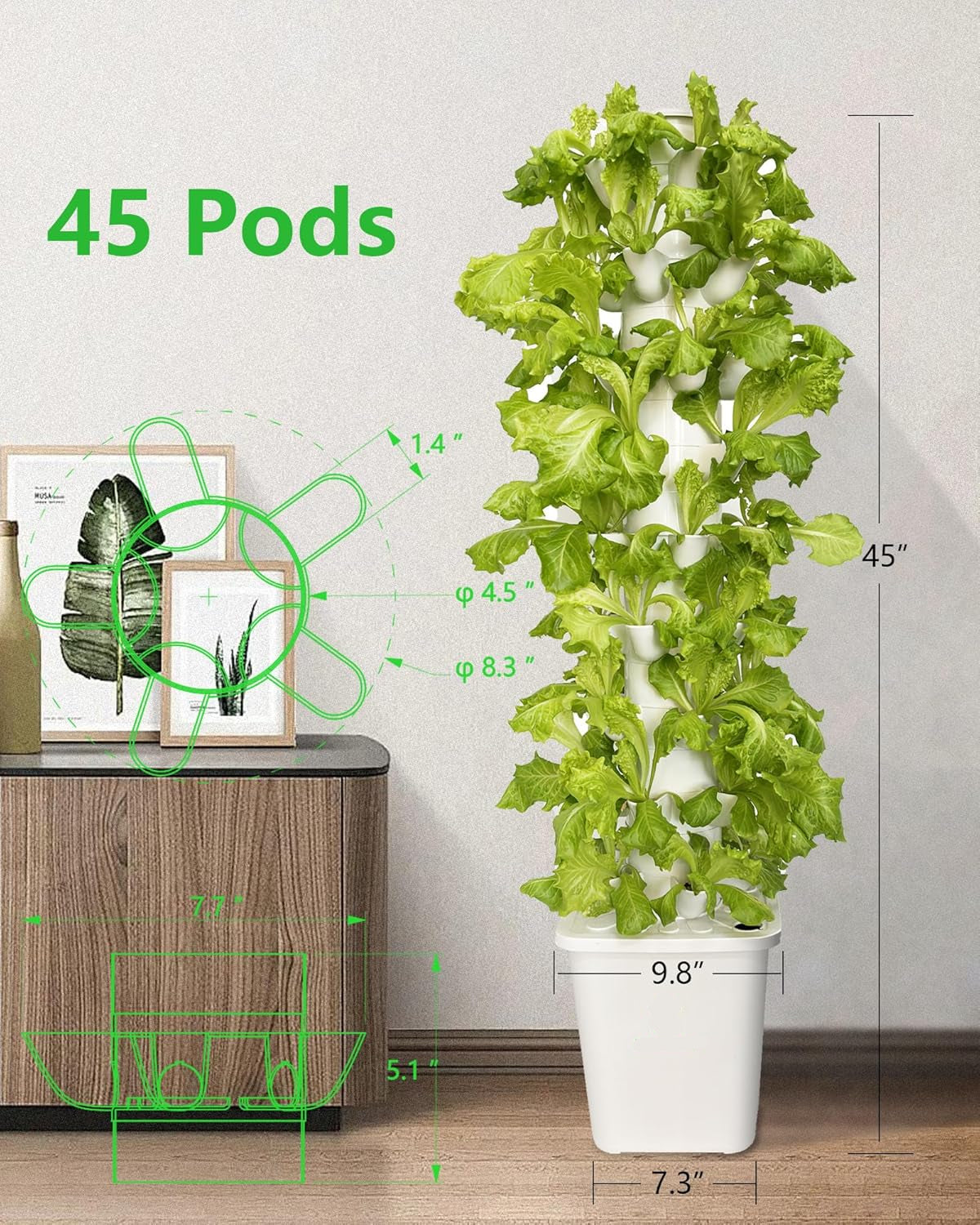 Hydroponic Tower Garden System – 45-Pod Vertical Indoor Planter with Water Circulation & Auto Timer for Growing Herbs, Vegetables & Houseplants – Ideal for Home, Patio, or Greenhouse