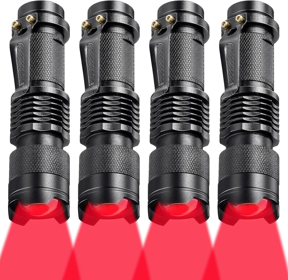 Red Light Flashlight 4 Pack – Zoomable LED, Single Mode, Night Vision Safe | Astronomy, Hunting & Survival