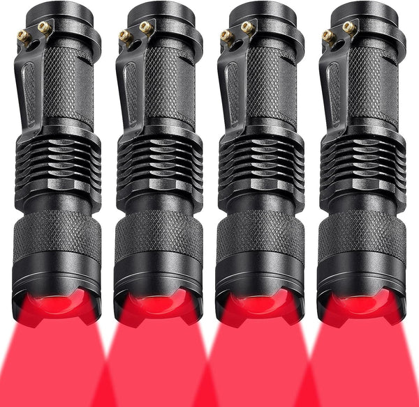 Red Light Flashlight 4 Pack – Zoomable LED, Single Mode, Night Vision Safe | Astronomy, Hunting & Survival