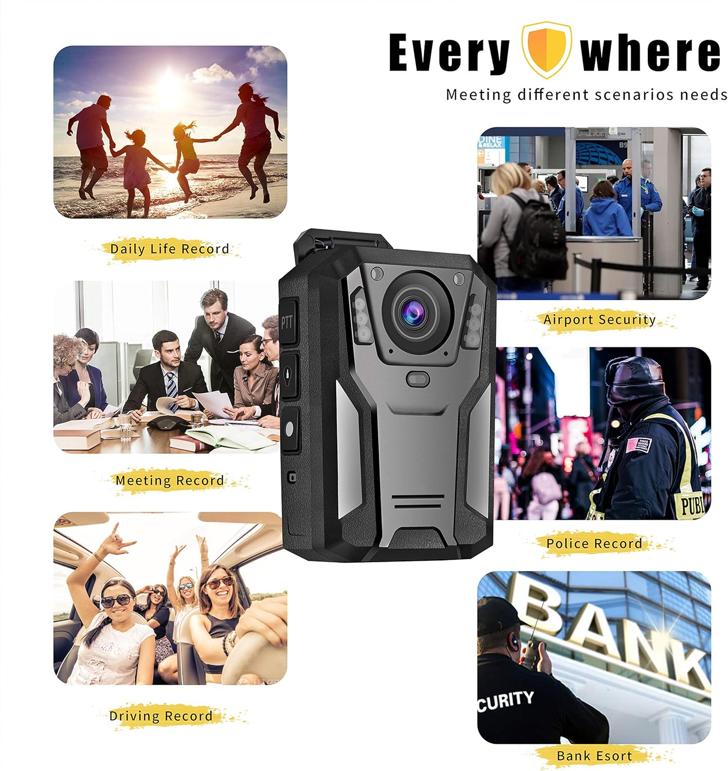 Body Camera 2K – 64GB, 12-Hour Recording, IR Night Vision 50ft, Data Encrypted, One-Touch, USB-C