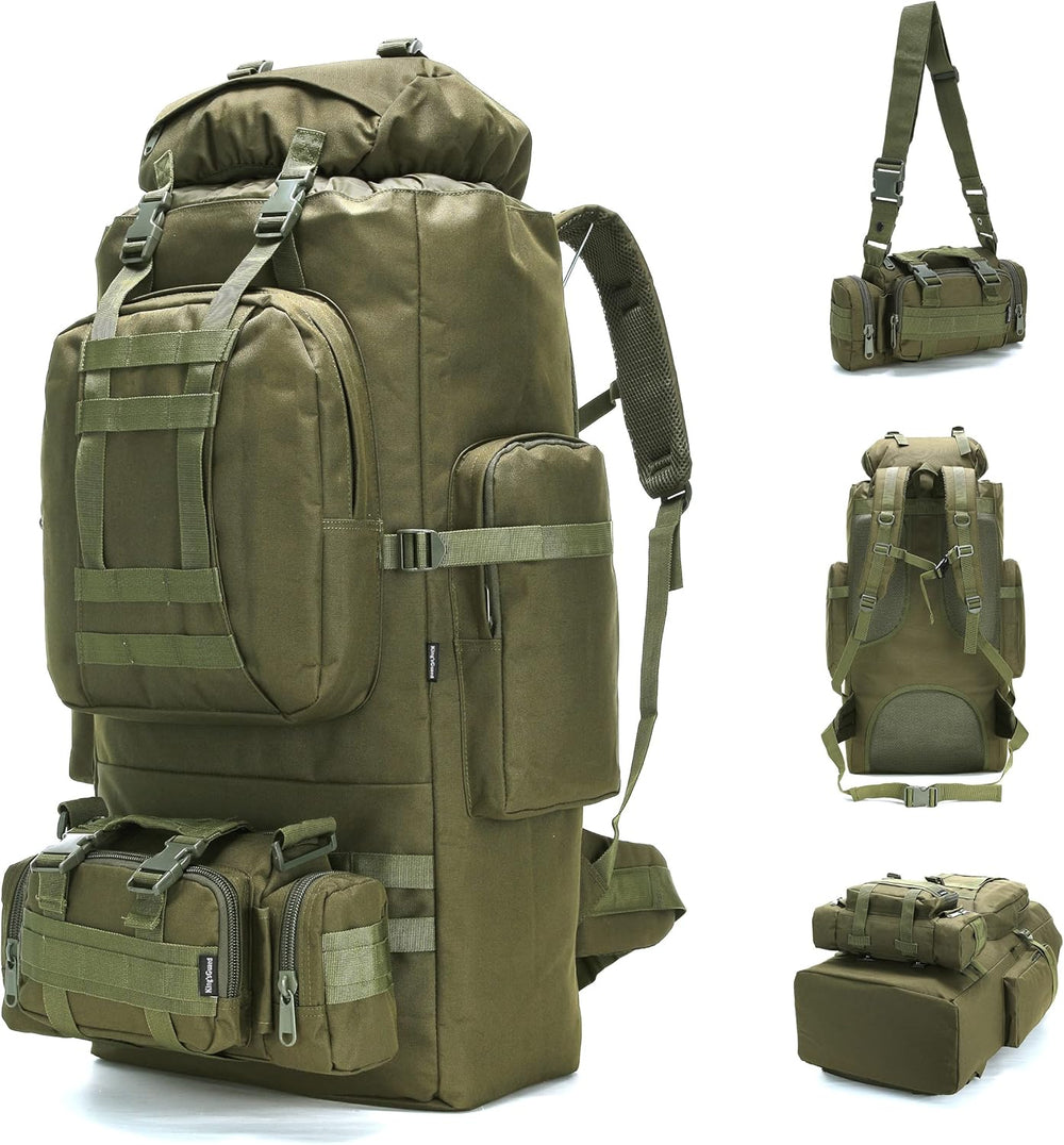 100L tactical MOLLE backpack - front view showing main compartment and shoulder straps