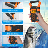 Digital hanging scale weighing a fish outdoors on a fishing trip, with callouts for its non-slip handle and rugged build