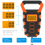 Digital scale display cycling through kg, lb, and oz units, with weight capacity and readability specs shown