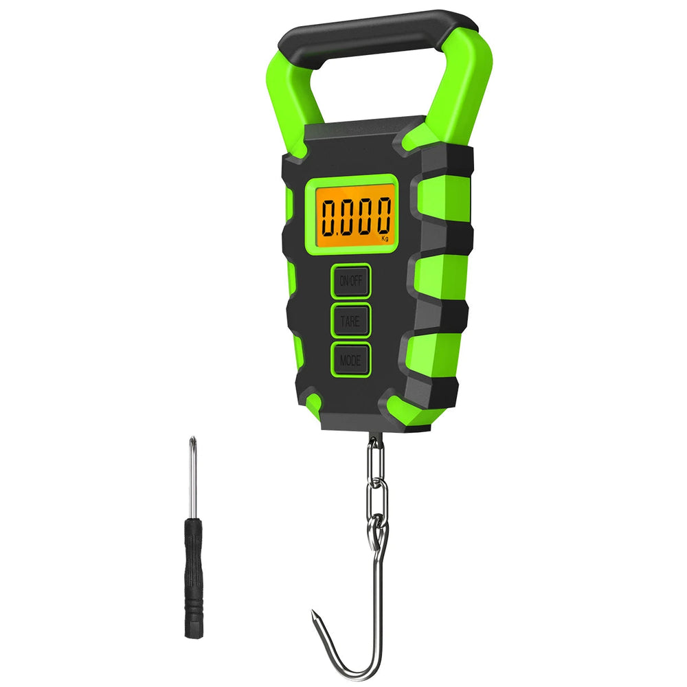 Green digital fishing scale with hook, chain, and screwdriver shown in a studio product photo
