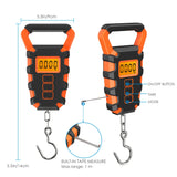 Digital fishing scale dimension diagram showing size, button layout, and built-in retractable tape measure