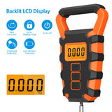 Digital scale feature icons for tare function, auto display hold, auto-off, overload indicator, and low battery indicator, with backlit LCD display shown