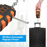 Digital luggage scale hooked onto a suitcase handle to avoid overweight baggage fees