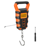 50kg digital fishing scale with retractable 38-inch tape measure, hook, chain, and screwdriver