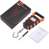 Digital fishing scale package contents including retail box, scale with hook, screwdriver, and user manual