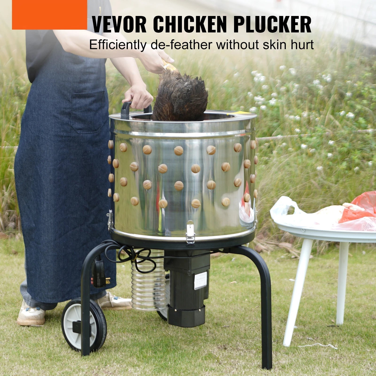 20-Inch Stainless Steel Chicken Plucker Machine – 500W Poultry Plucking Machine with 108 Soft Fingers & Debris Collection System for Efficient Feather Removal