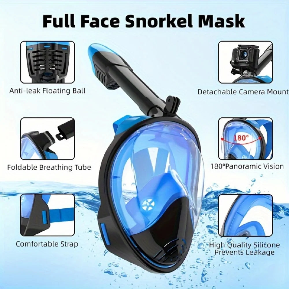 Full Face Snorkel Mask with Camera Mount – 180° Panoramic View, Anti-Fog, Anti-Leak, Easy Breathing Snorkeling Mask for Adults & Youth