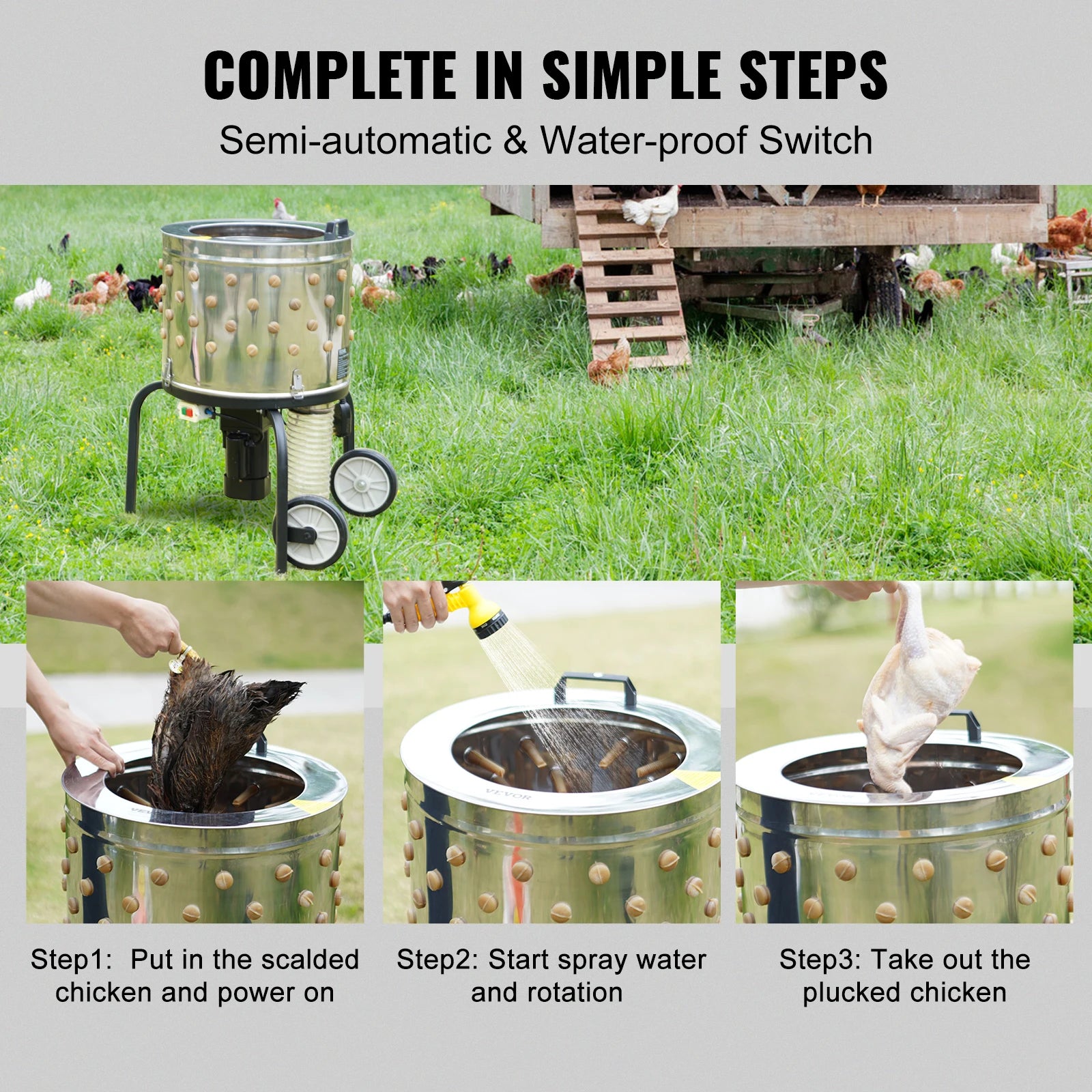 20-Inch Stainless Steel Chicken Plucker Machine – 500W Poultry Plucking Machine with 108 Soft Fingers & Debris Collection System for Efficient Feather Removal
