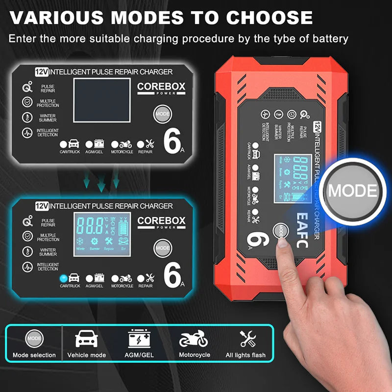12V 6A Smart Car Battery Charger with LCD Display – Automatic Battery Maintainer for Car, Motorcycle, Lead-Acid, AGM, Gel, and SLA Batteries – Trickle Charger & Battery Repair Function