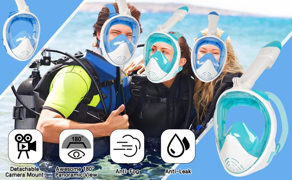 Full Face Snorkel Mask with Camera Mount – 180° Panoramic View, Anti-Fog, Anti-Leak, Easy Breathing Snorkeling Mask for Adults & Youth