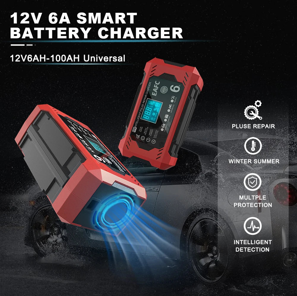 12V 6A Smart Car Battery Charger with LCD Display – Automatic Battery Maintainer for Car, Motorcycle, Lead-Acid, AGM, Gel, and SLA Batteries – Trickle Charger & Battery Repair Function