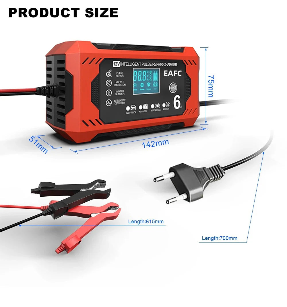 12V 6A Smart Car Battery Charger with LCD Display – Automatic Battery Maintainer for Car, Motorcycle, Lead-Acid, AGM, Gel, and SLA Batteries – Trickle Charger & Battery Repair Function
