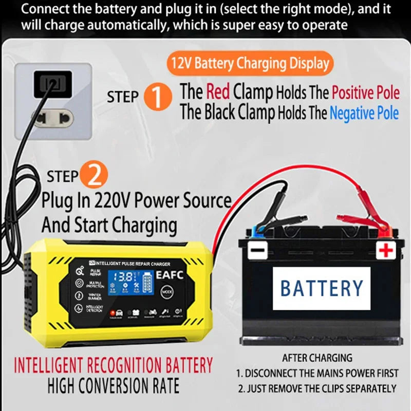 12V 6A Smart Car Battery Charger with LCD Display – Automatic Battery Maintainer for Car, Motorcycle, Lead-Acid, AGM, Gel, and SLA Batteries – Trickle Charger & Battery Repair Function