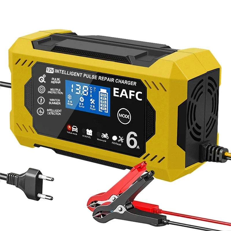 12V 6A Smart Car Battery Charger with LCD Display – Automatic Battery Maintainer for Car, Motorcycle, Lead-Acid, AGM, Gel, and SLA Batteries – Trickle Charger & Battery Repair Function