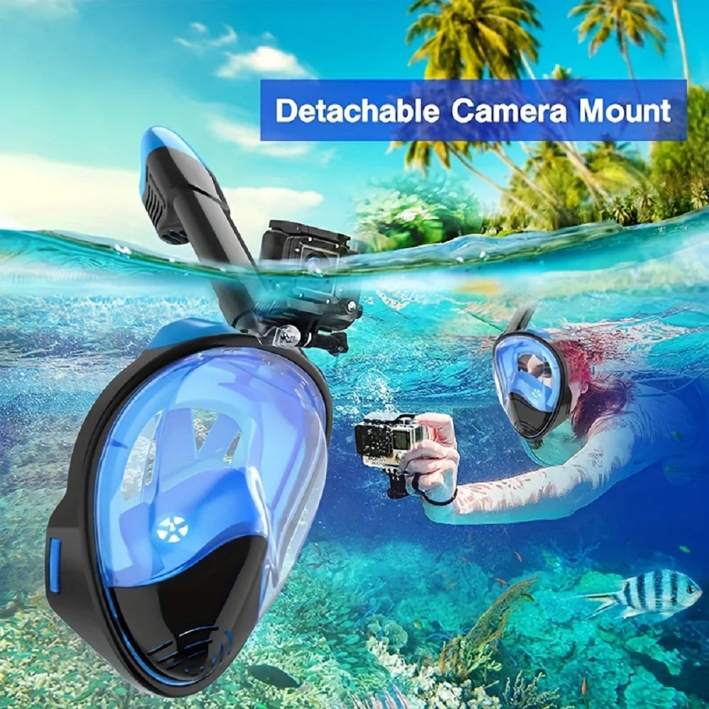 Full Face Snorkel Mask with Camera Mount – 180° Panoramic View, Anti-Fog, Anti-Leak, Easy Breathing Snorkeling Mask for Adults & Youth