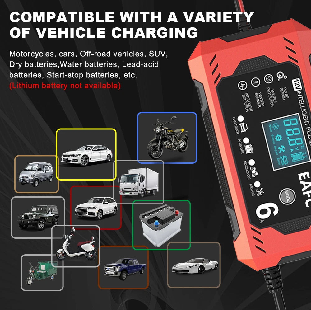 12V 6A Smart Car Battery Charger with LCD Display – Automatic Battery Maintainer for Car, Motorcycle, Lead-Acid, AGM, Gel, and SLA Batteries – Trickle Charger & Battery Repair Function
