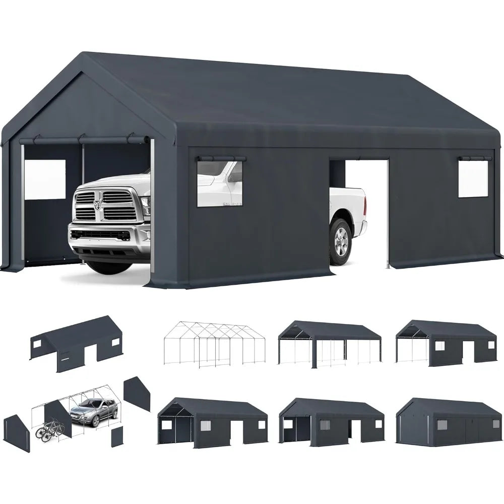 13x24FT Heavy-Duty Portable Garage & Storage Shelter – Outdoor Carport with Removable Sidewalls, Doors & 4 Windows – All-Weather Vehicle & Equipment Protection