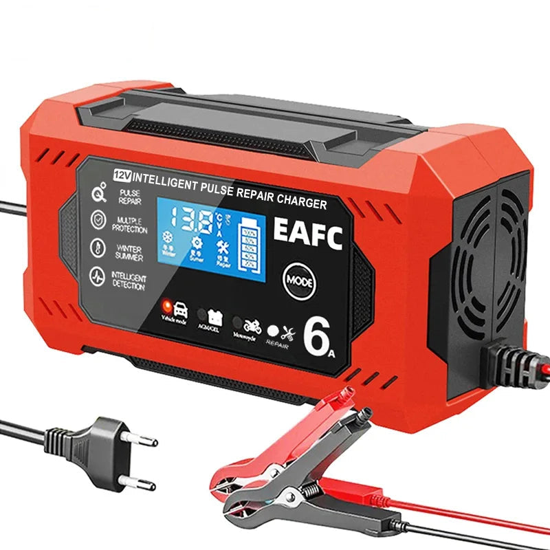 12V 6A Smart Car Battery Charger with LCD Display – Automatic Battery Maintainer for Car, Motorcycle, Lead-Acid, AGM, Gel, and SLA Batteries – Trickle Charger & Battery Repair Function
