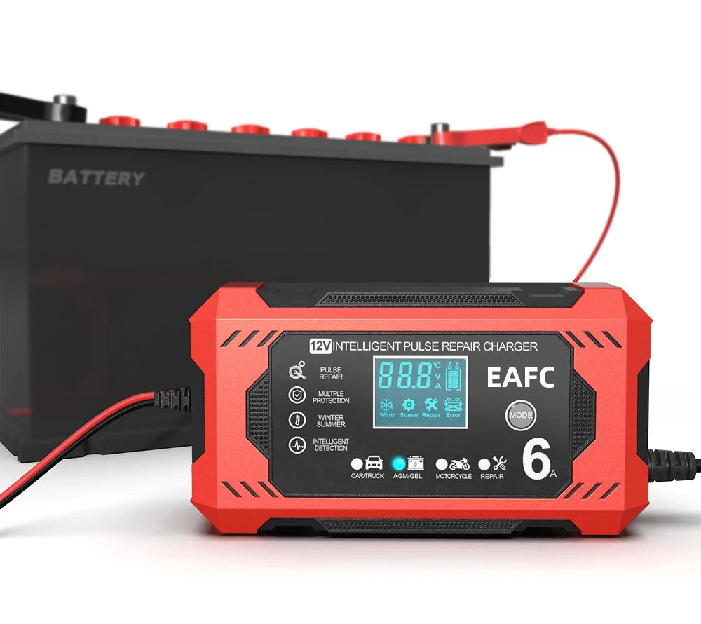 12V 6A Smart Car Battery Charger with LCD Display – Automatic Battery Maintainer for Car, Motorcycle, Lead-Acid, AGM, Gel, and SLA Batteries – Trickle Charger & Battery Repair Function