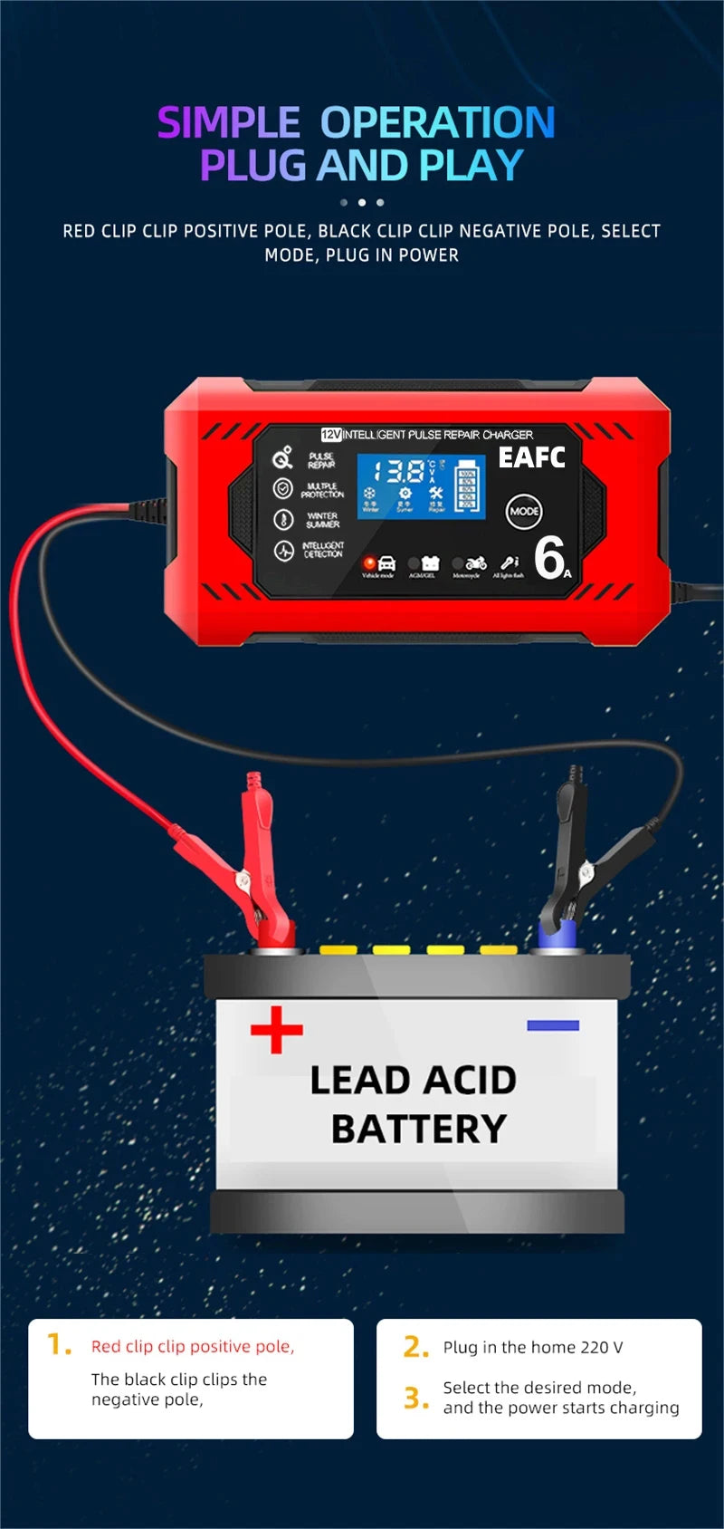 12V 6A Smart Car Battery Charger with LCD Display – Automatic Battery Maintainer for Car, Motorcycle, Lead-Acid, AGM, Gel, and SLA Batteries – Trickle Charger & Battery Repair Function