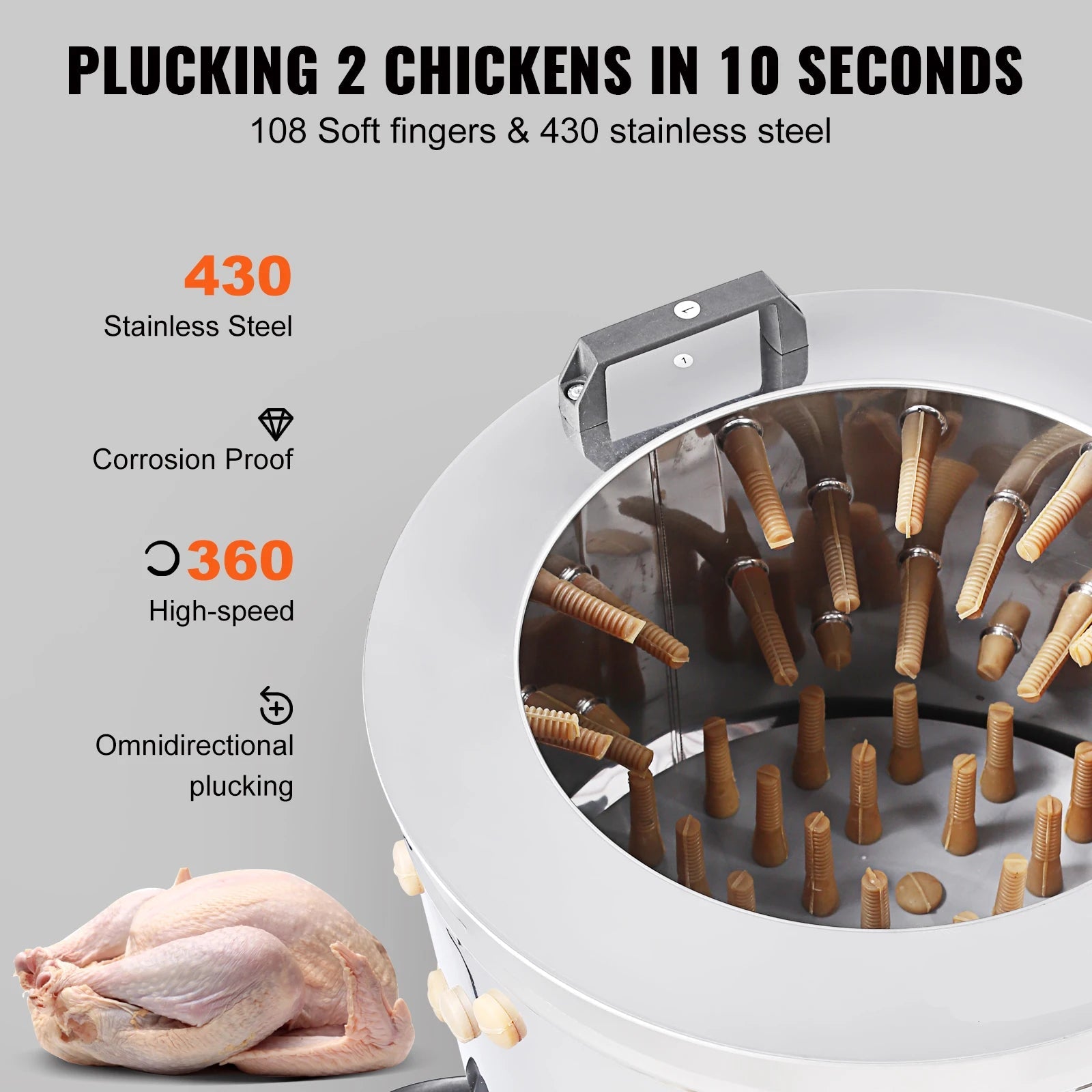20-Inch Stainless Steel Chicken Plucker Machine – 500W Poultry Plucking Machine with 108 Soft Fingers & Debris Collection System for Efficient Feather Removal