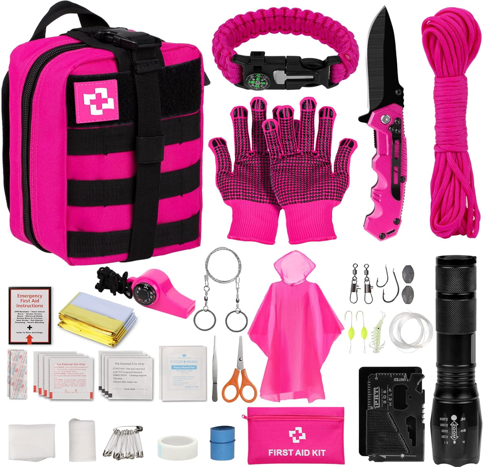 Women’s Pink Emergency Survival & First Aid Kit – Self Defense Gear with Tactical Molle Pouch, Emergency Tent, and Outdoor Survival Equipment for Hiking, Camping, and Adventure