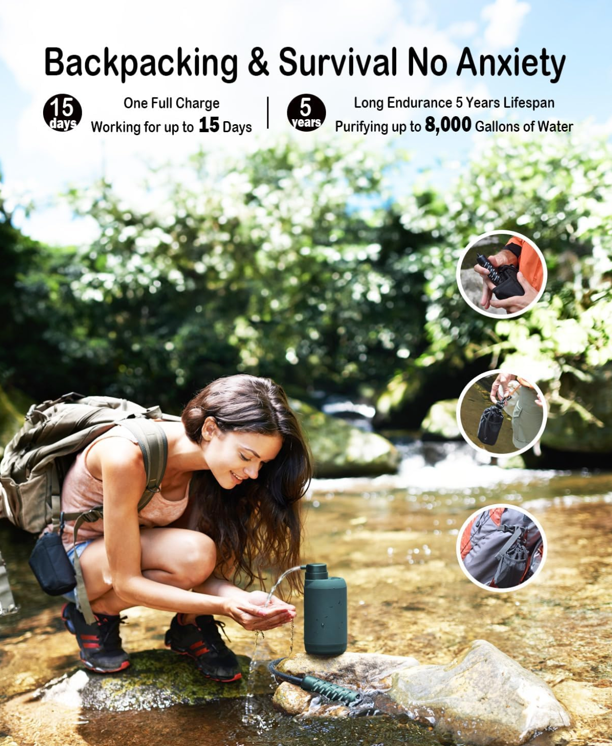 Electric Water Purifier Survival, 0.01 Micron '5-Stage' Water Filtration System Survival with Emergency Lighting Water Filter for Camping Backpacking Hiking