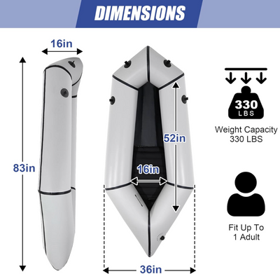 1-Person TPU packraft shown with size and weight specifications