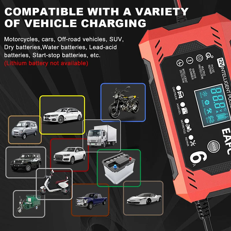 12V 6A Smart Car Battery Charger with LCD Display – Automatic Battery Maintainer for Car, Motorcycle, Lead-Acid, AGM, Gel, and SLA Batteries – Trickle Charger & Battery Repair Function