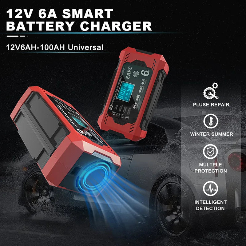 12V 6A Smart Car Battery Charger with LCD Display – Automatic Battery Maintainer for Car, Motorcycle, Lead-Acid, AGM, Gel, and SLA Batteries – Trickle Charger & Battery Repair Function