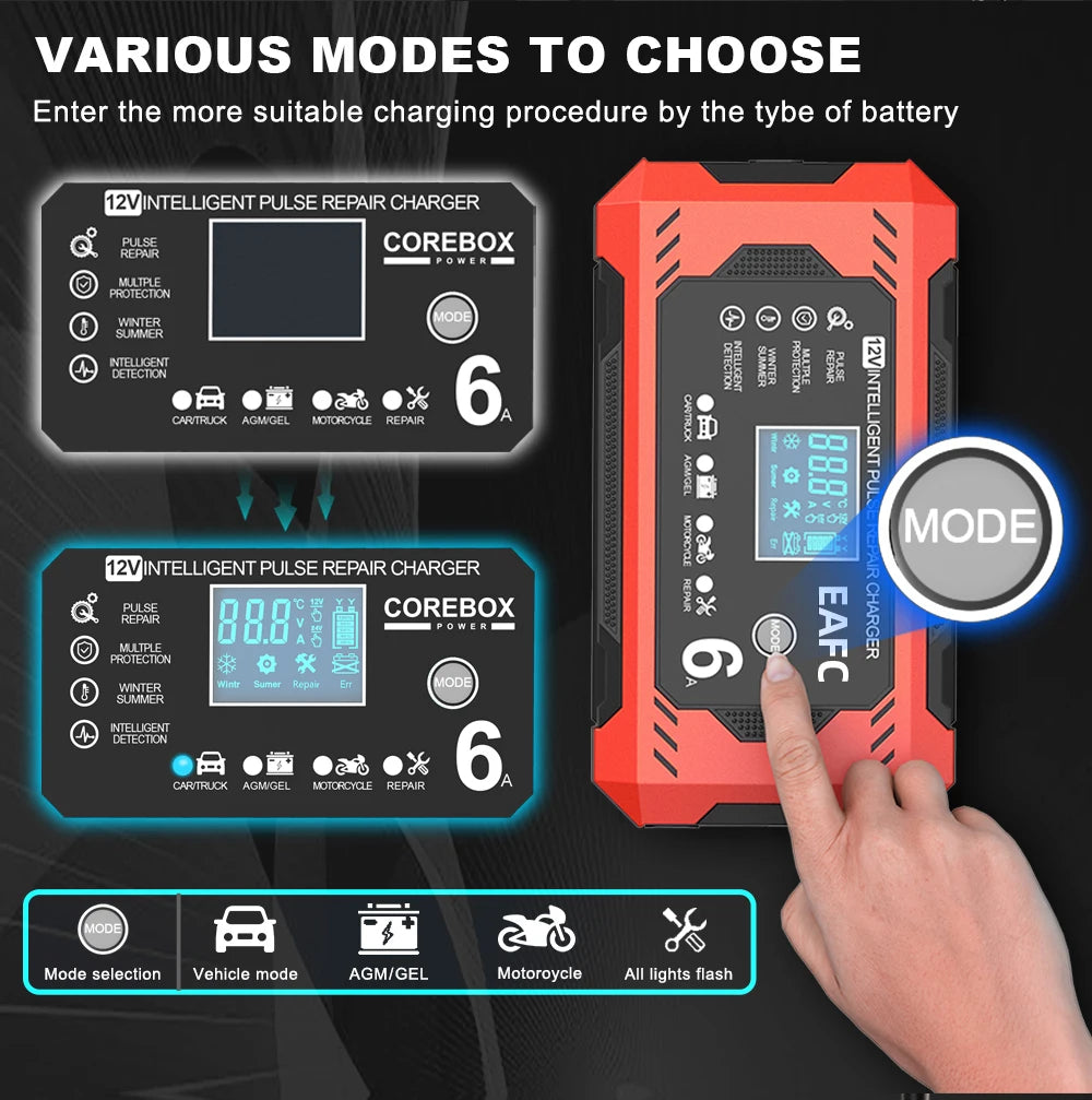 12V 6A Smart Car Battery Charger with LCD Display – Automatic Battery Maintainer for Car, Motorcycle, Lead-Acid, AGM, Gel, and SLA Batteries – Trickle Charger & Battery Repair Function