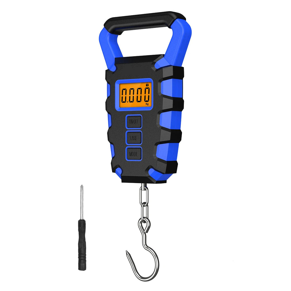 Blue digital fishing scale with hook, chain, and screwdriver shown in a studio product photo