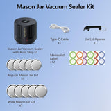 What's included: Mason jar vacuum sealer, 5 regular mouth lids, 5 wide mouth lids, USB-C cable, jar lid opener, 12 labels