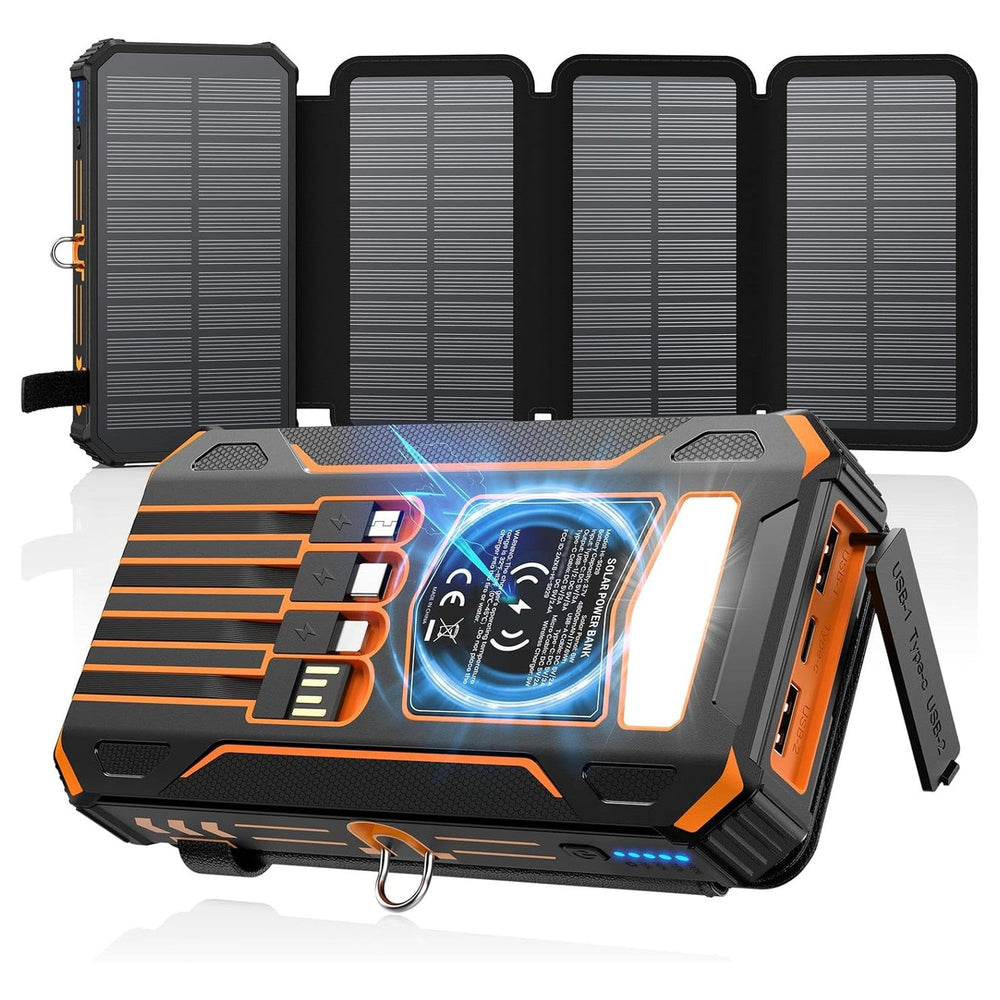 Tactically Prepped 48000mAh solar power bank with 4 foldable solar panels, 4 built-in charging cables, wireless Qi pad and LED flashlight