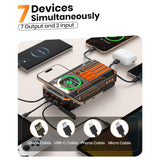 Solar power bank charging 7 devices at once using wireless Qi charging plus built-in USB-C, Lightning, USB-A and Micro USB cables